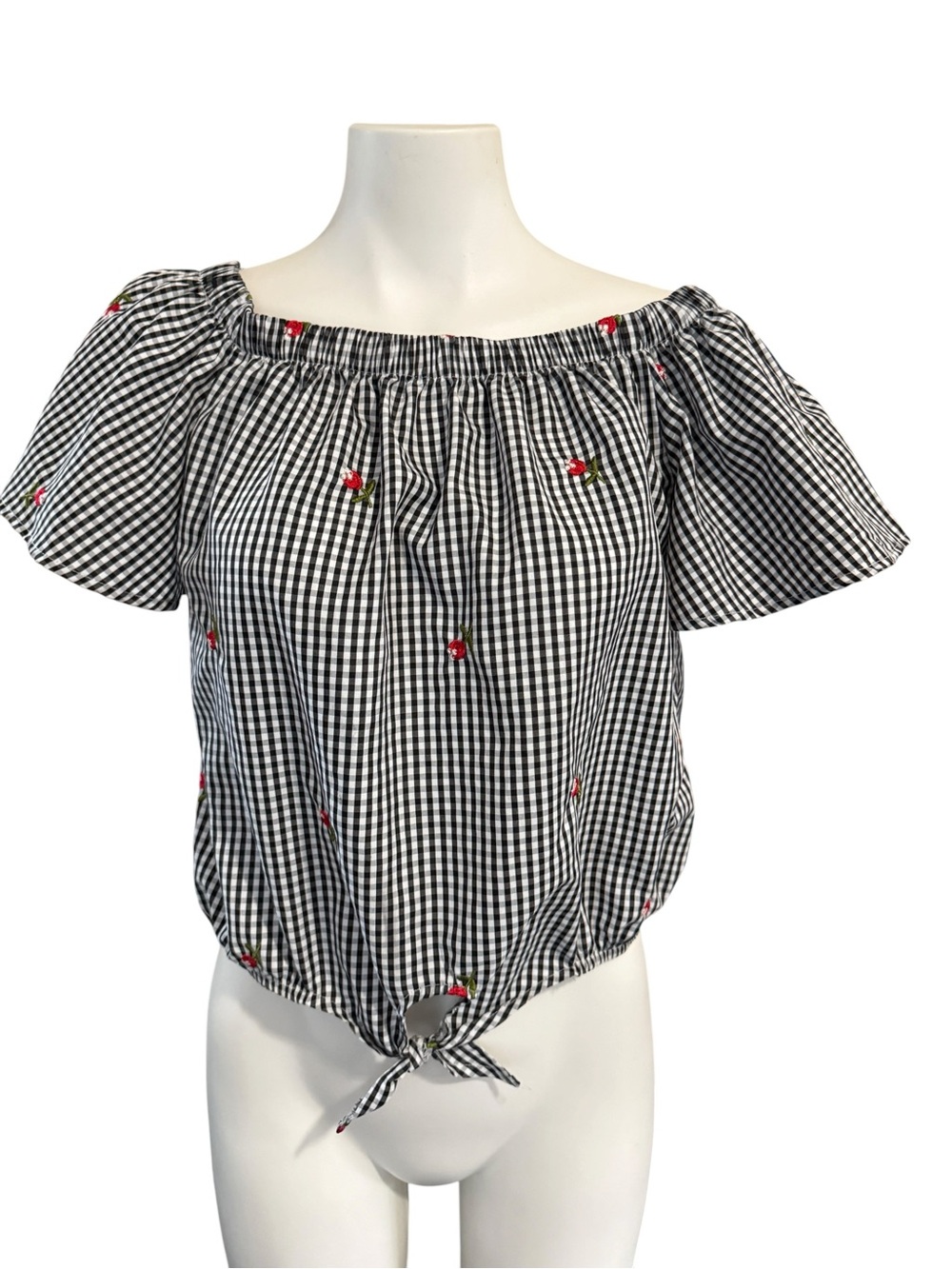 Kontrol On/Off-Shoulder Gingham Tie-Front Top with Embroidered Flowers, sz M